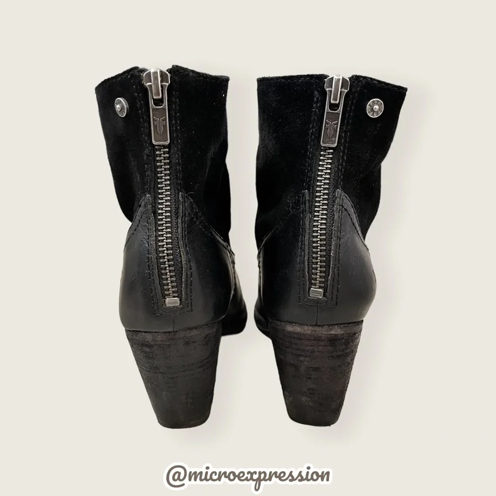 Frye Tessa Zip Short Black Suede Real Leather Zip Up Heeled Round Toe Ankle Boot - Picture 6 of 11